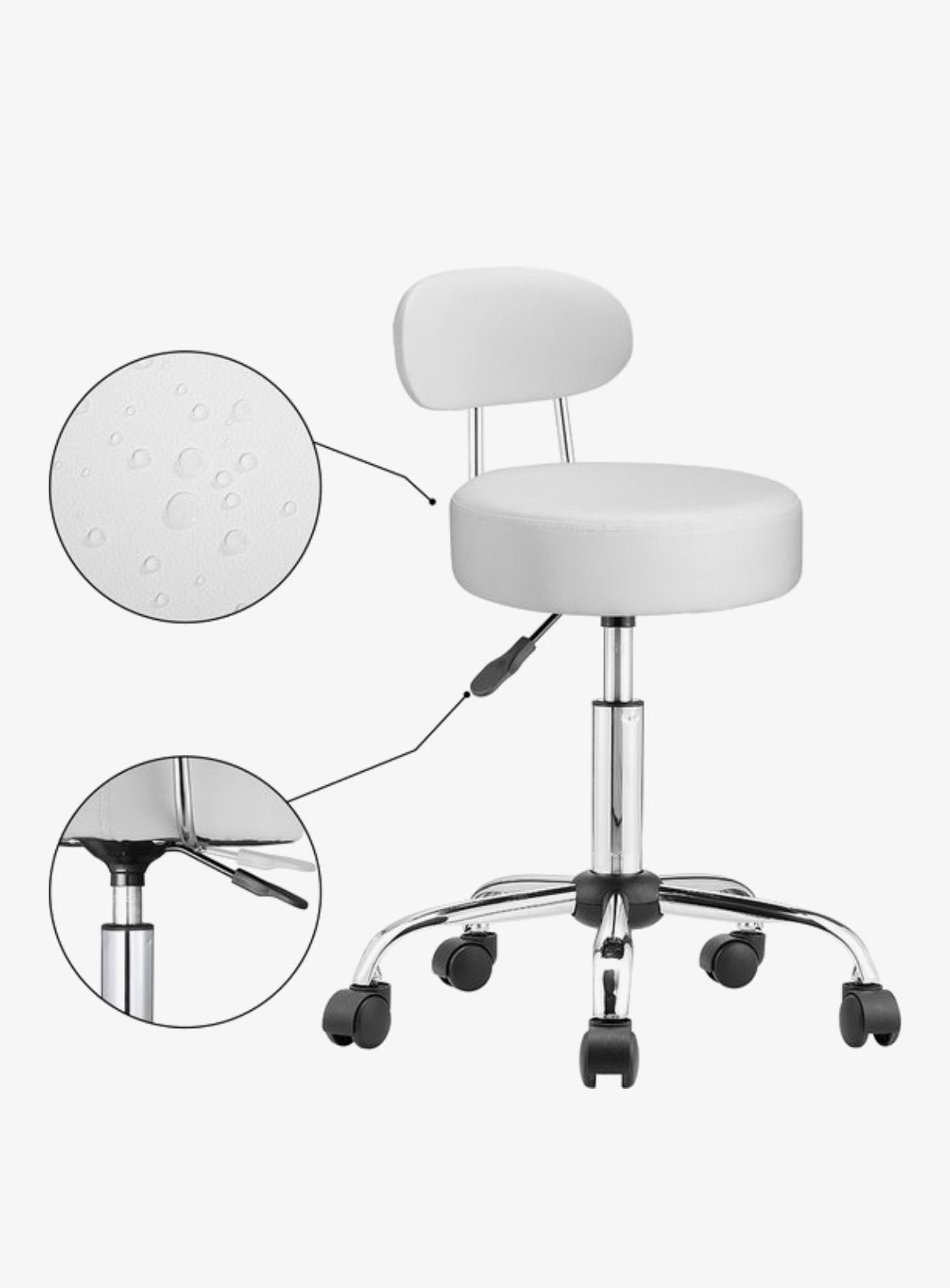 Salonkruk stoel in hoogte verstelbaar met wielen - kleine rolkruk voor massage, spa, tatoeage, tekenwerkbank - PU-lederen draaibare kruk (grijs